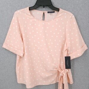 Tommy Hilfiger Polka Dot Tie Front Boat Neck Peach Blouse Womens Size M NWT